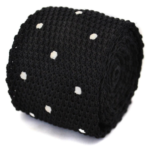 black skinny knitted tie with white polka dots